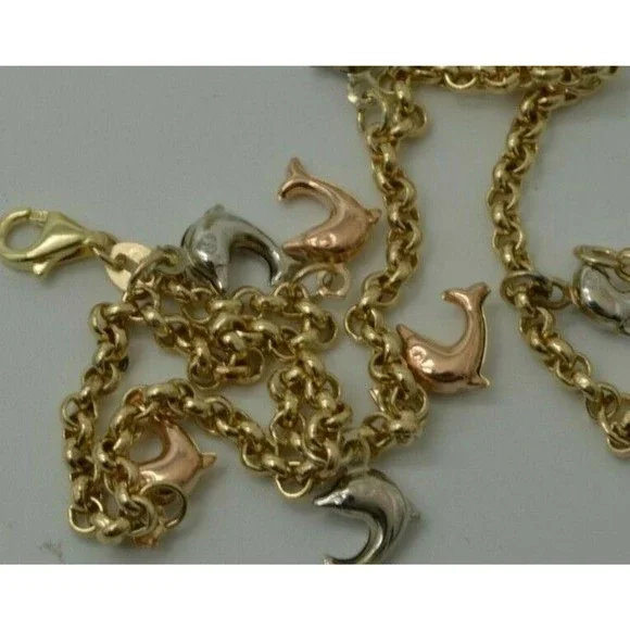 Real 10K Multicolor Gold Rolo Dolphin Fish Link Ankle Bracelet 9-10